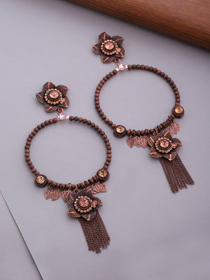 Rose Gold-Plated Stone Studded Floral Inspired Hoop Like Beaded Drop Earrings