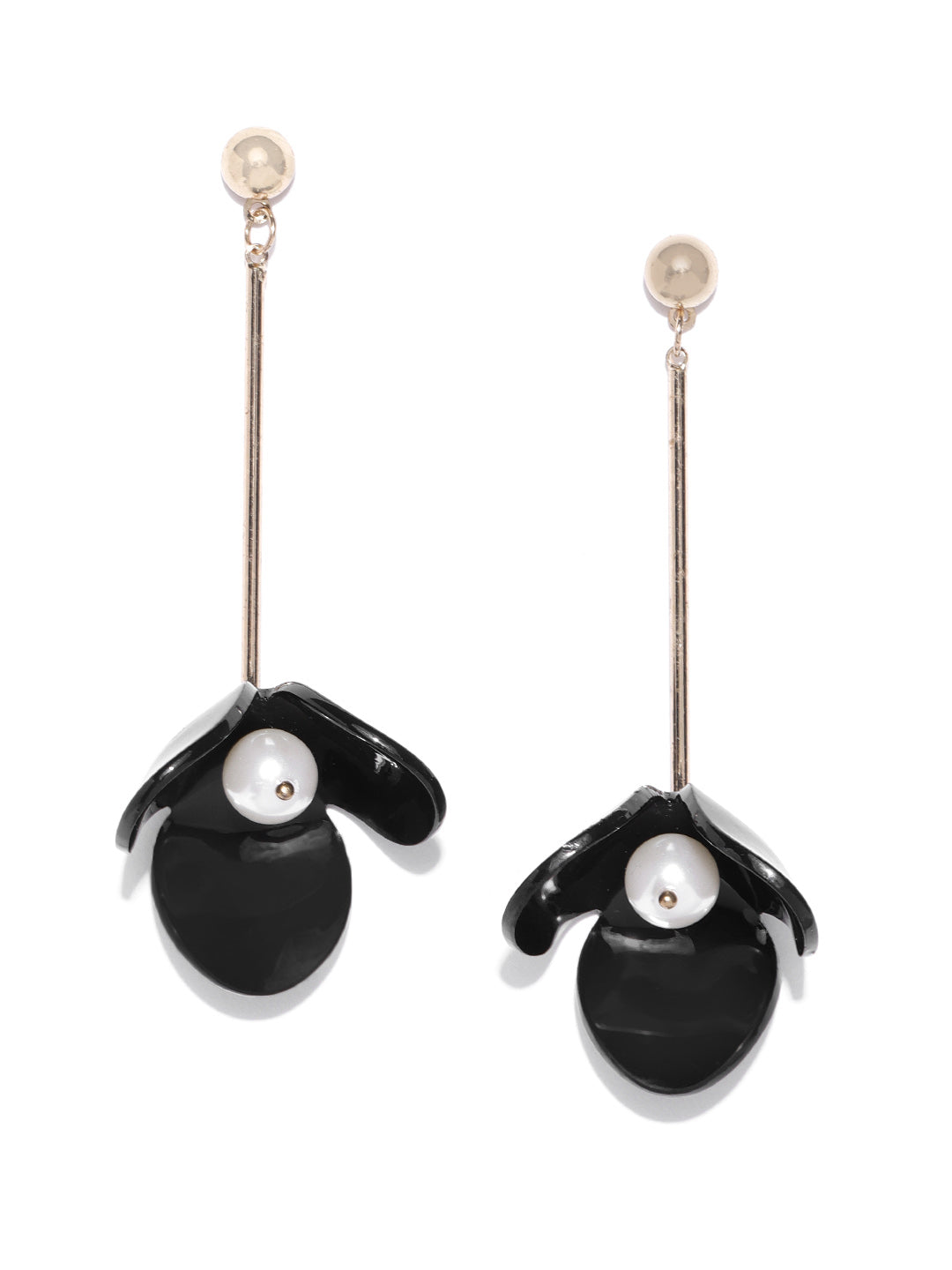 Gold Plated Floral Design Pearl Decorated Black Embellished Drop Earrings