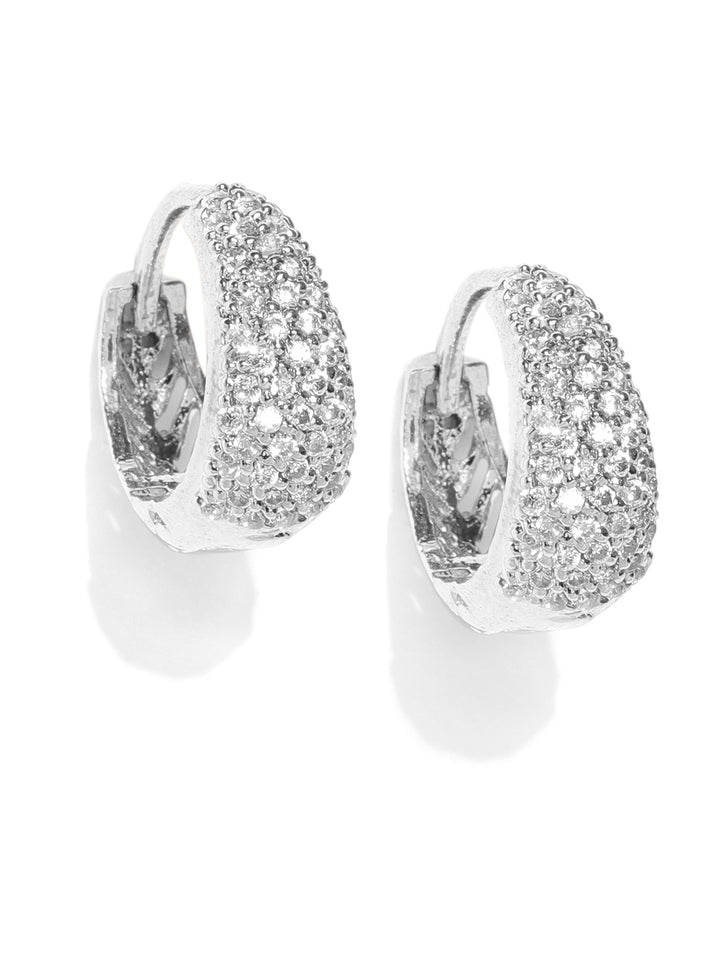 Silver Plated American Diamond Studded Hoop Shaped Bali Earrings