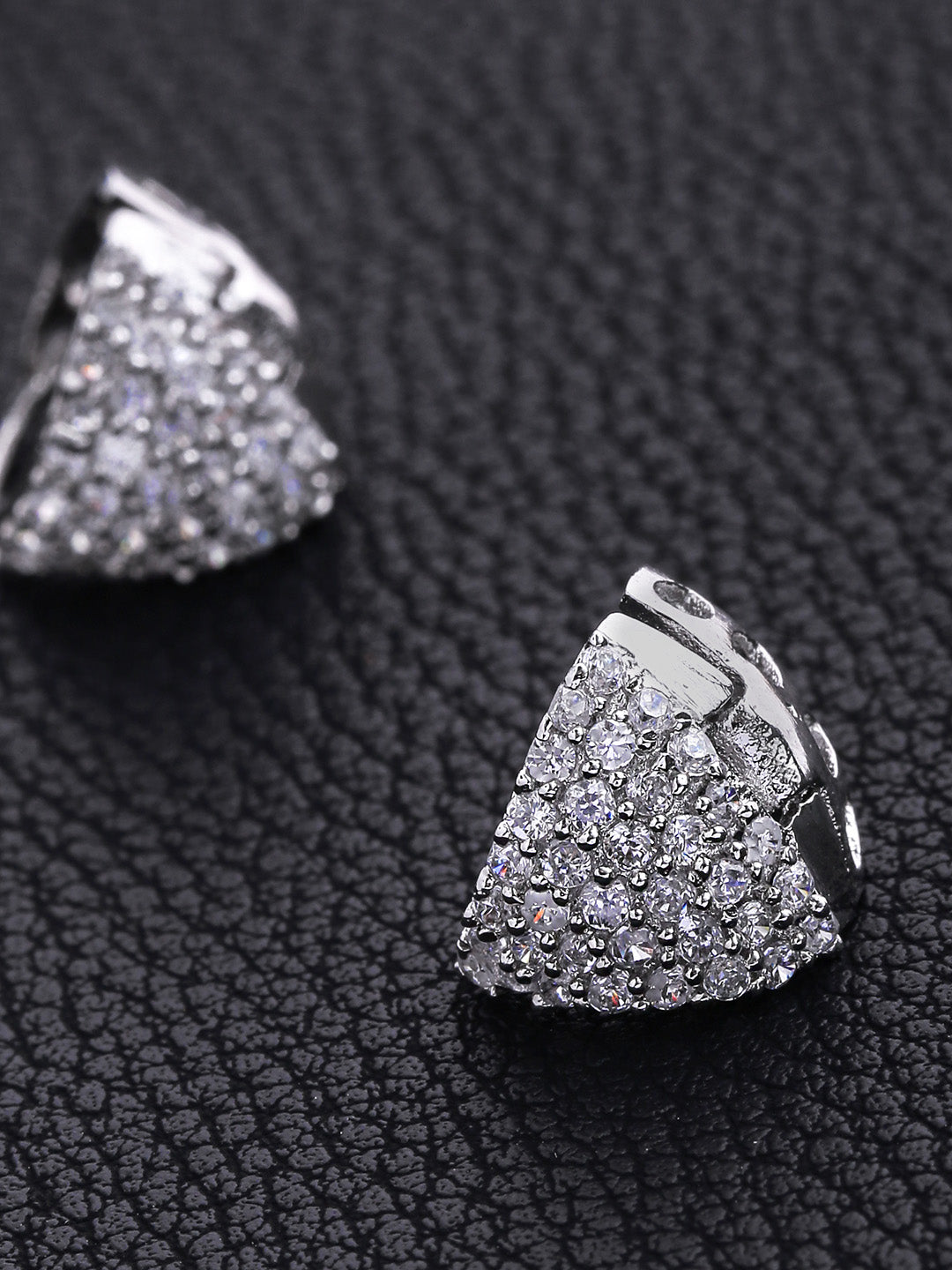 Silver Plated American Diamond Studded Hoop Like Geometric Shaped Bali Earrings