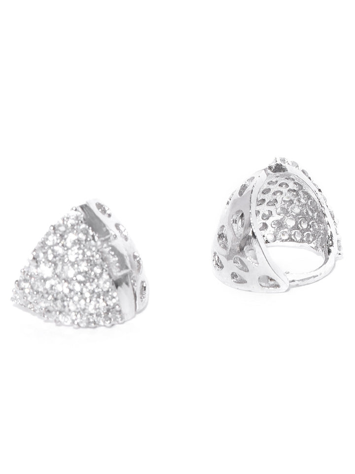 Silver Plated American Diamond Studded Hoop Like Geometric Shaped Bali Earrings
