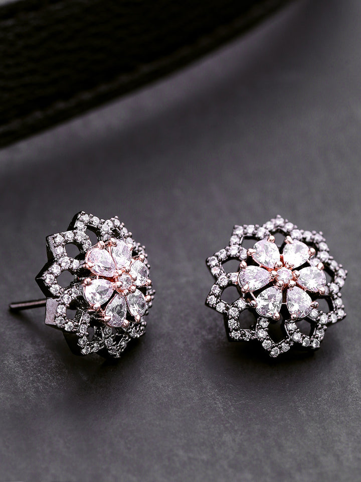 Gunmetal Plated American Diamond Studded Floral Shaped Handcrafted Stud Earrings