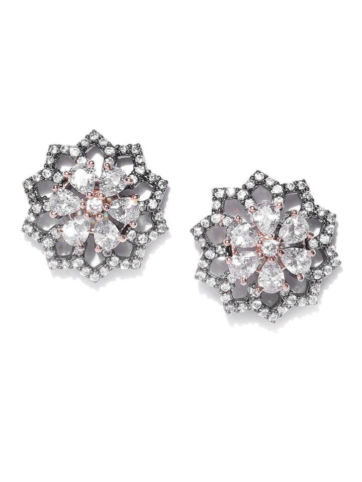 Gunmetal Plated American Diamond Studded Floral Shaped Handcrafted Stud Earrings