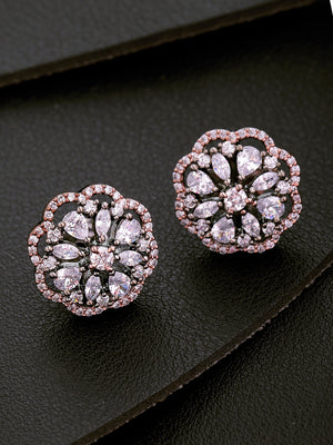 Gunmetal Plated American Diamond Studded Floral Design Handcrafted Stud Earrings