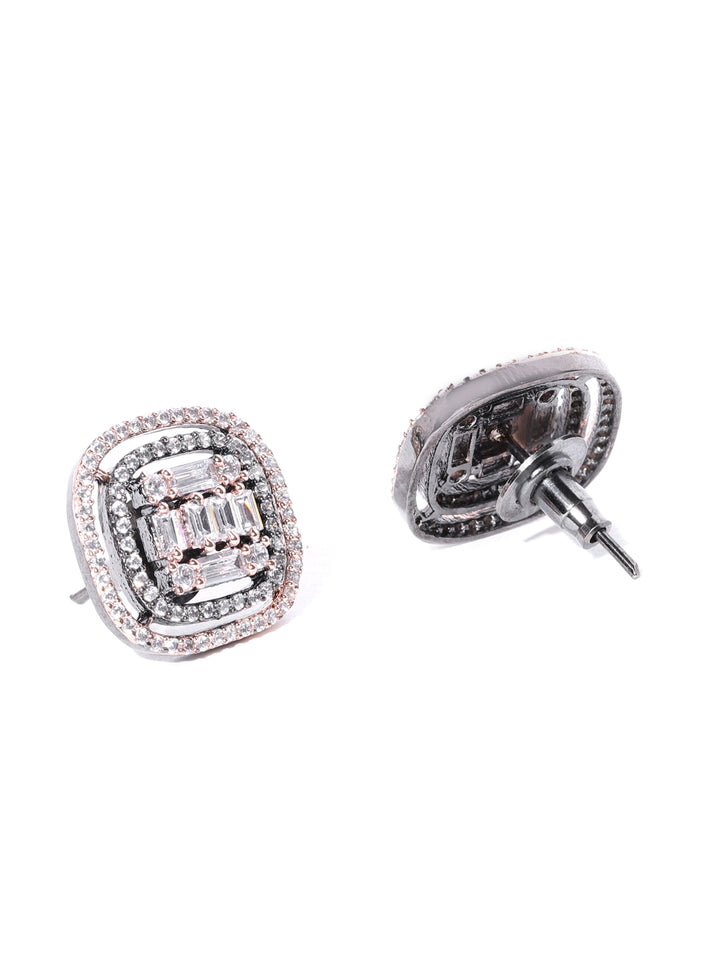 Gunmetal Plated Ad Studded Concentric Square Shaped Geometric Stud Earrings