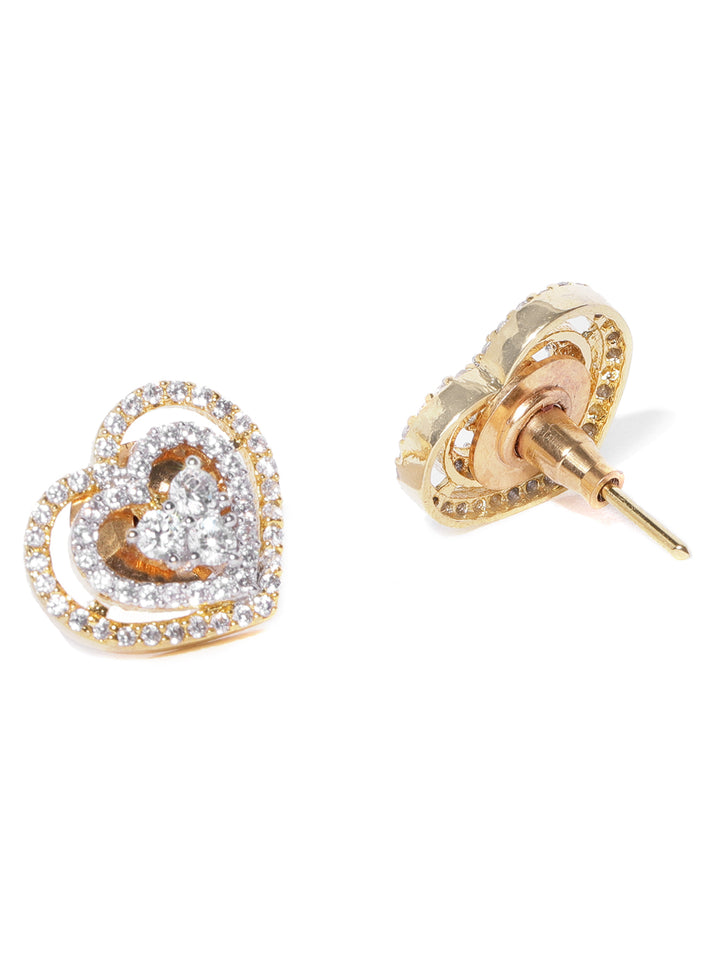 Gold Plated American Diamond Studded Heart Shaped Stud Earrings