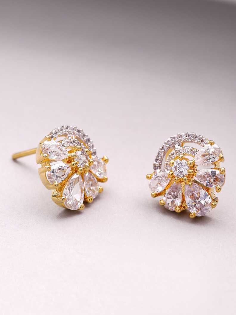 Gold Plated American Diamond Studded Floral Design Stud Earrings