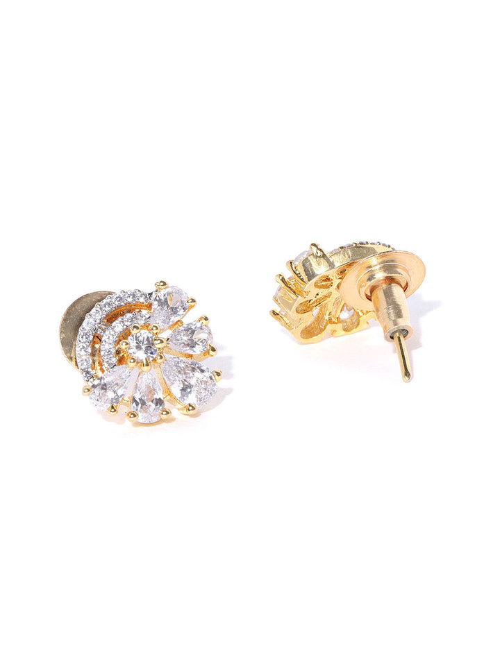 Gold Plated American Diamond Studded Floral Design Stud Earrings