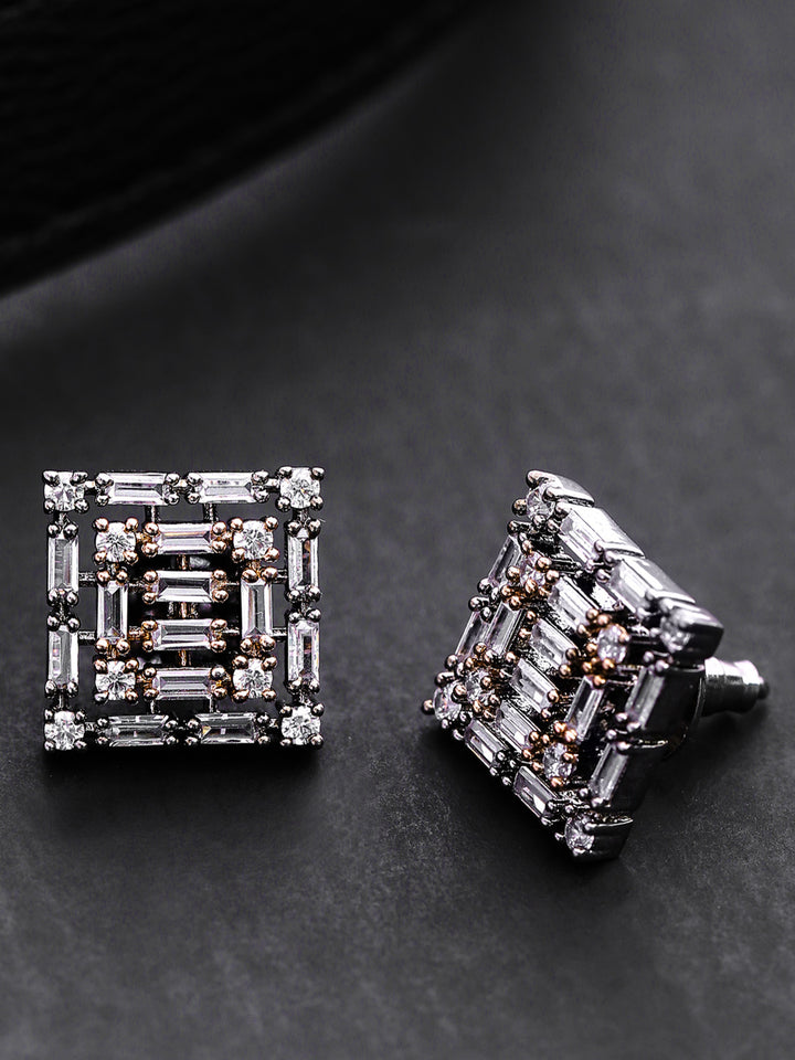 Gunmetal Plated American Diamond Studded Square Shaped Stud Earrings