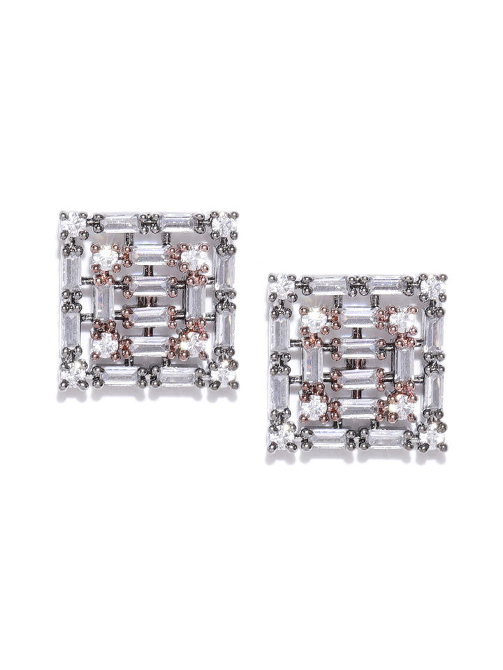 Gunmetal Plated American Diamond Studded Square Shaped Stud Earrings