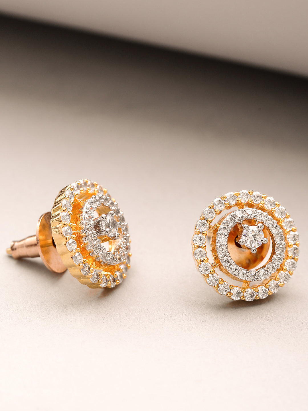 Gold Plated American Diamond Studded Circular Shape Stud Earrings