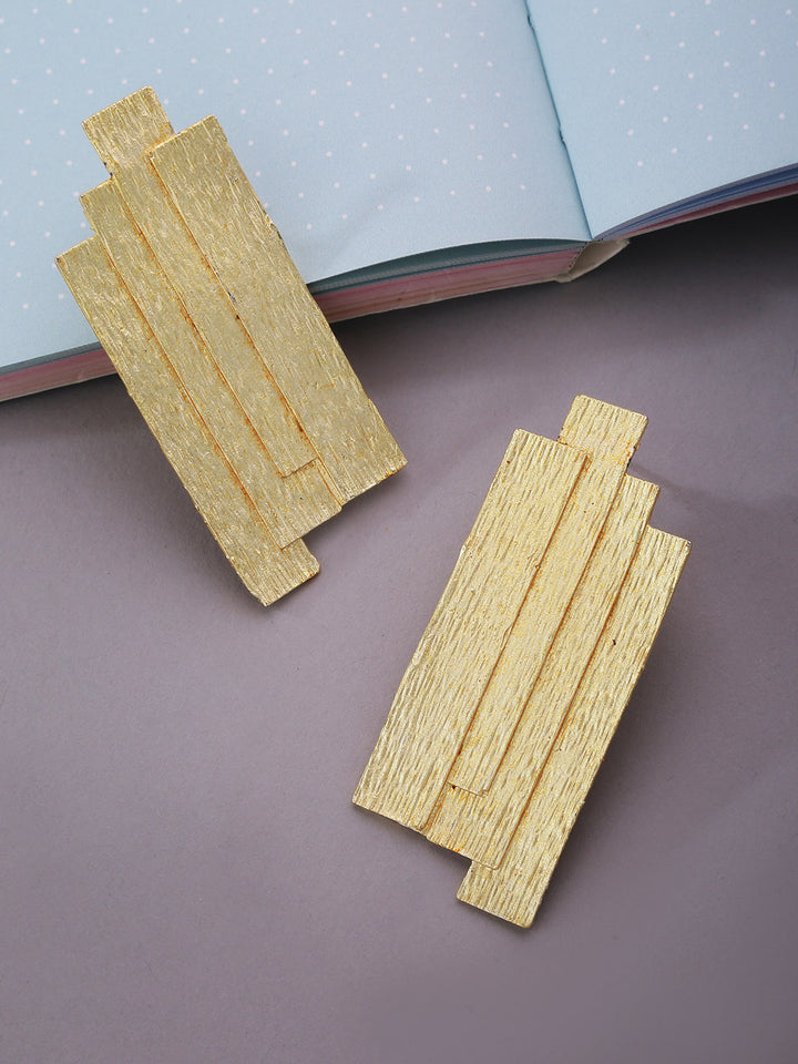 Matte Gold Finish Flattened Wood Layers Shaped Geometric Drop Earrrings