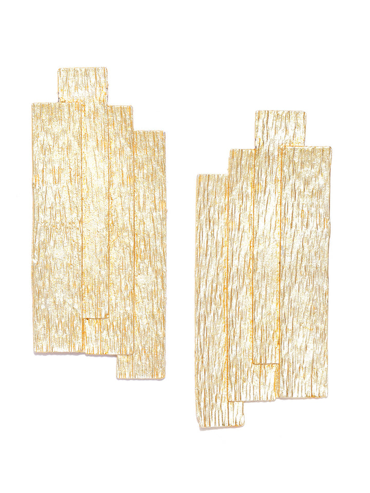 Matte Gold Finish Flattened Wood Layers Shaped Geometric Drop Earrrings