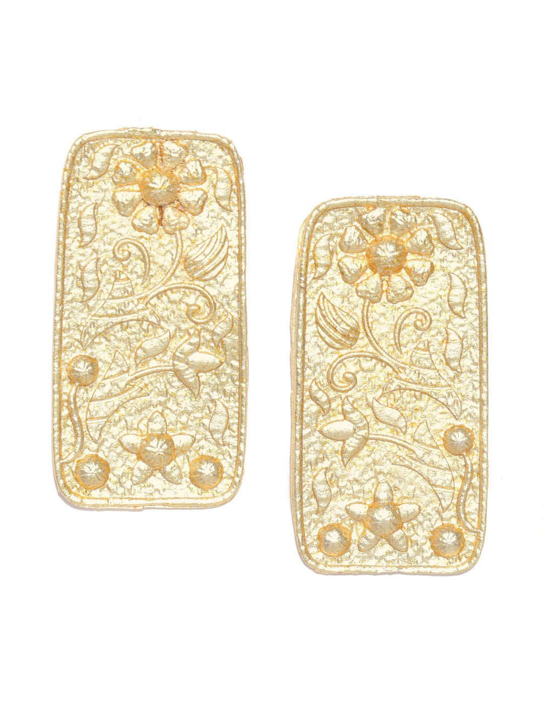 Matte Gold Finish Rectangular Shape Flower Engraved Drop Earrings