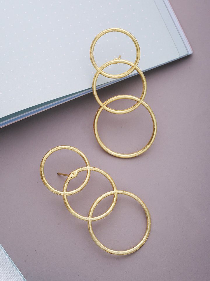 Matte Gold Finish Triple Overlapping Circles Geometric Drop Earrings