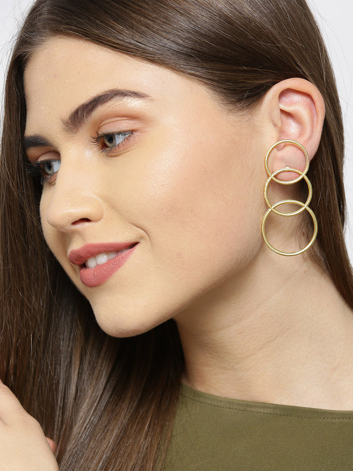 Matte Gold Finish Triple Overlapping Circles Geometric Drop Earrings