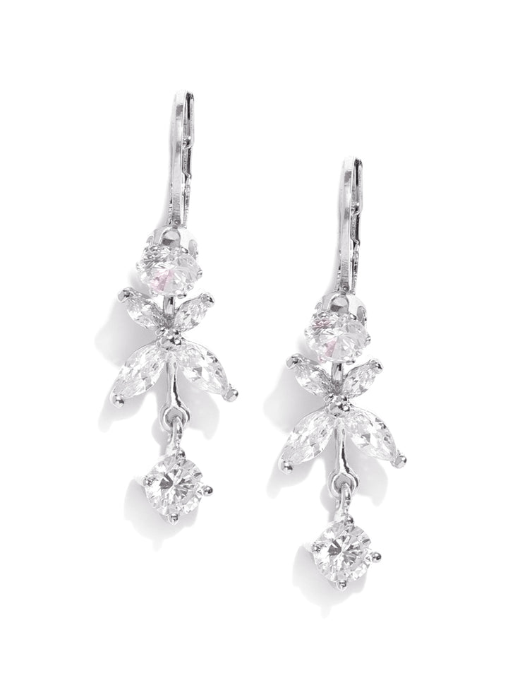 Silver Plated American Diamond Studded Floral Pattern Drop Earrings For Women