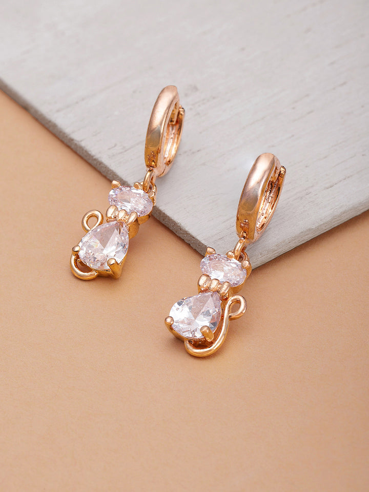Rose Gold Plated American Diamond Studded Cat Inspired Drop Earrings