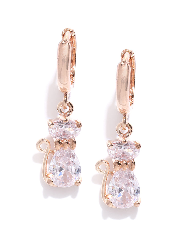 Rose Gold Plated American Diamond Studded Cat Inspired Drop Earrings