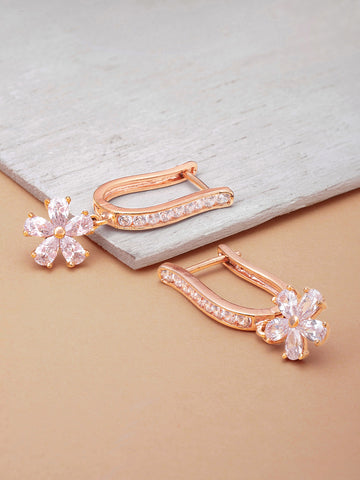 Rose Gold Plated American Diamond Studded Floral Drop Earrings