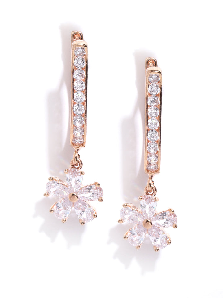 Rose Gold Plated American Diamond Studded Floral Drop Earrings