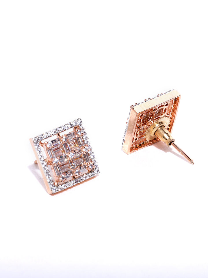 Rose Gold Plated American Diamond Studded Square Shaped Stud Earrings