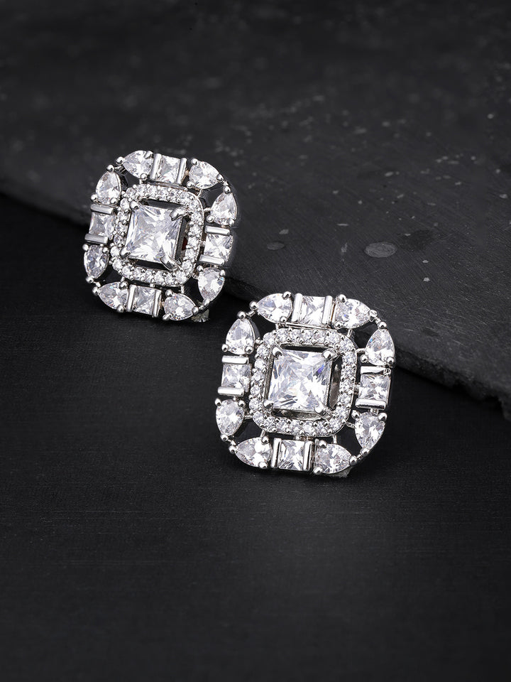 Rhodium Plated American Diamond Studded Square Stud Earrings