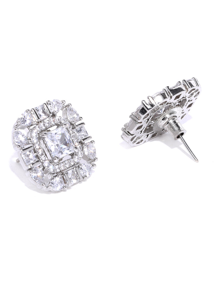 Rhodium Plated American Diamond Studded Square Stud Earrings