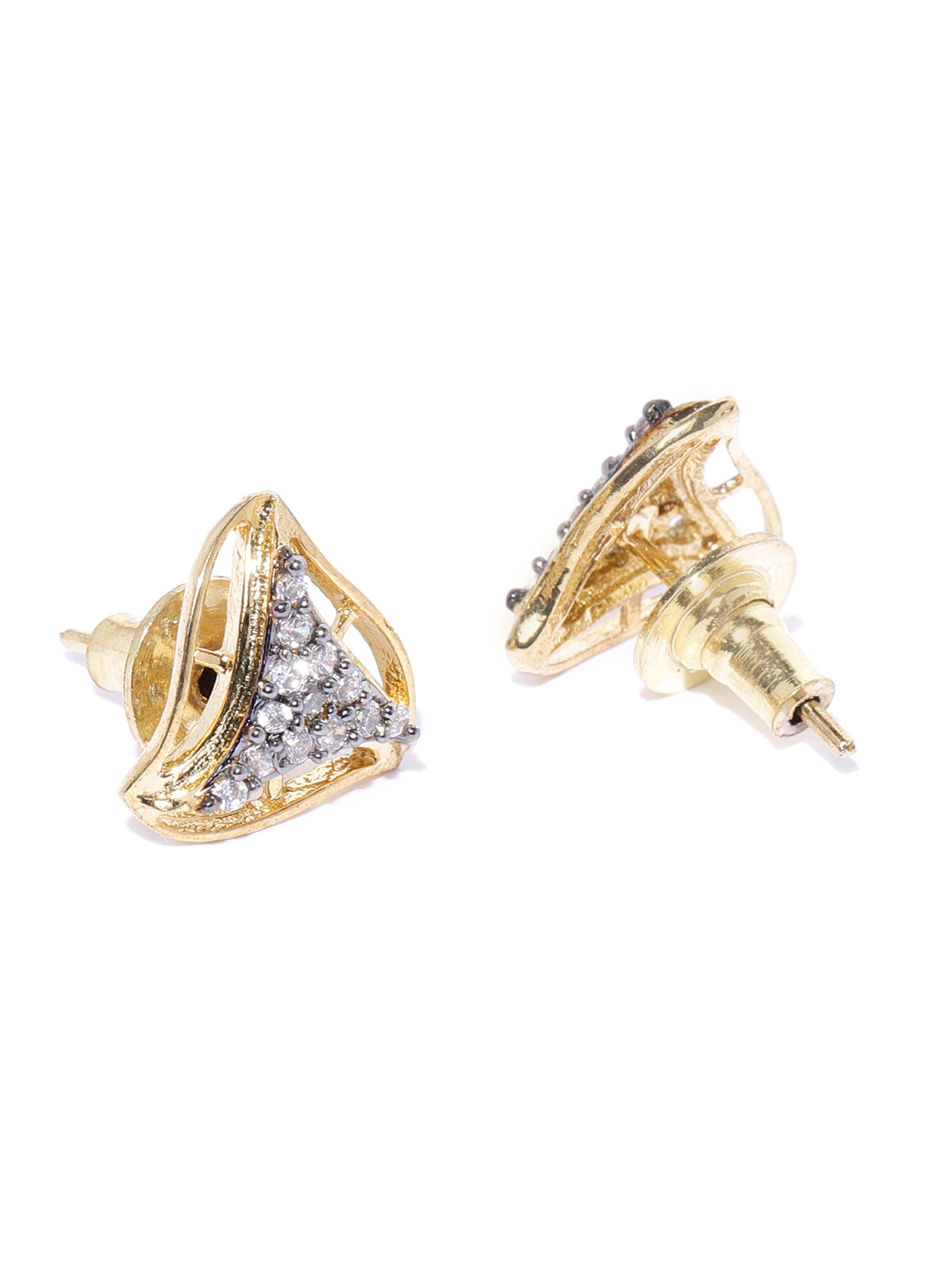 Gold Plated American Diamond Studded Triangular Shaped Grey Stud Earrings