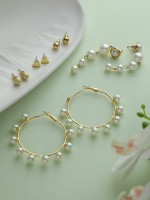 Prita Pearl Gold Plated Studs & Hoop Earrings Set of 8