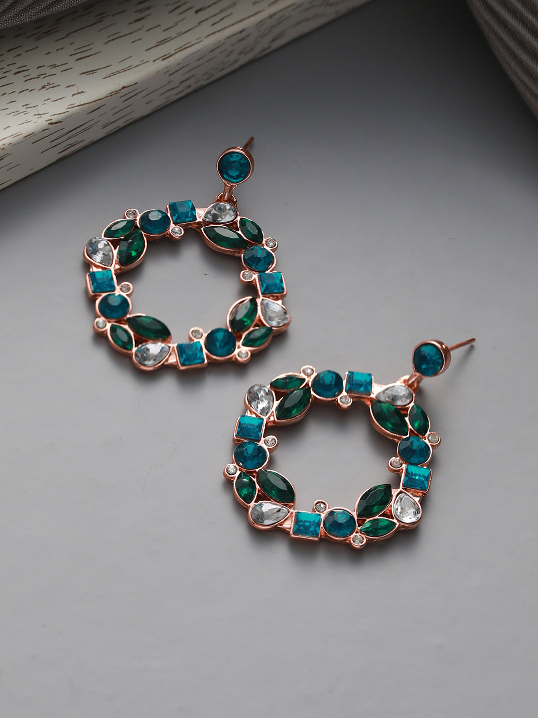 Round Multicolor Stone Studded Rose Gold-Plated Drop Earrings