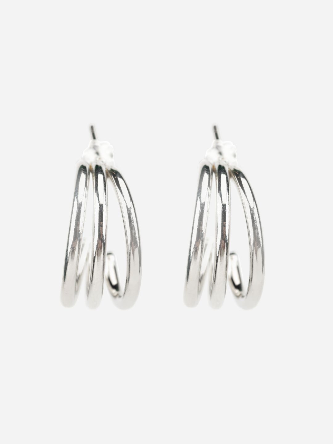 Solid Triple Striped Silver-Plated Half-Hoops Earrings