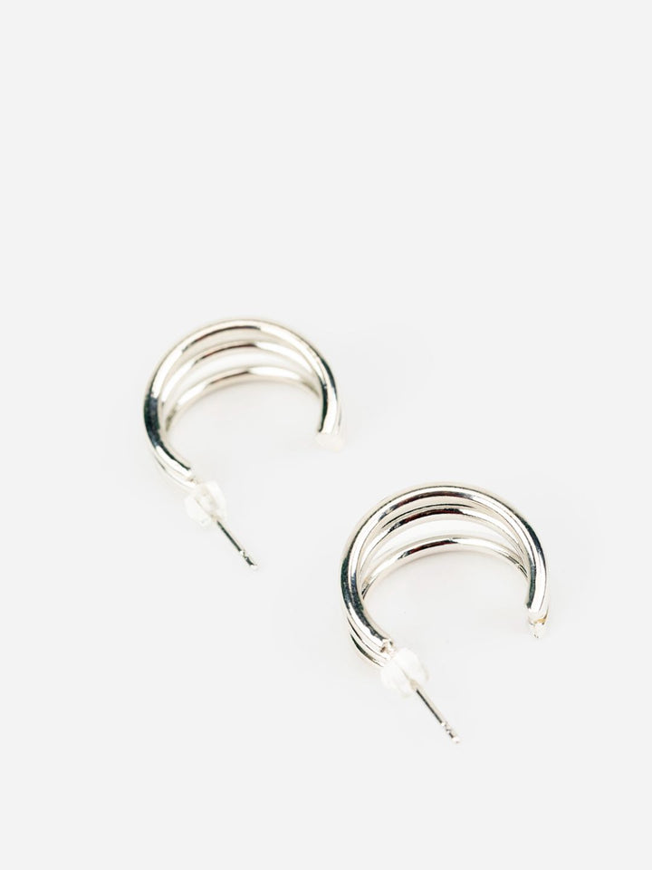 Solid Triple Striped Silver-Plated Half-Hoops Earrings