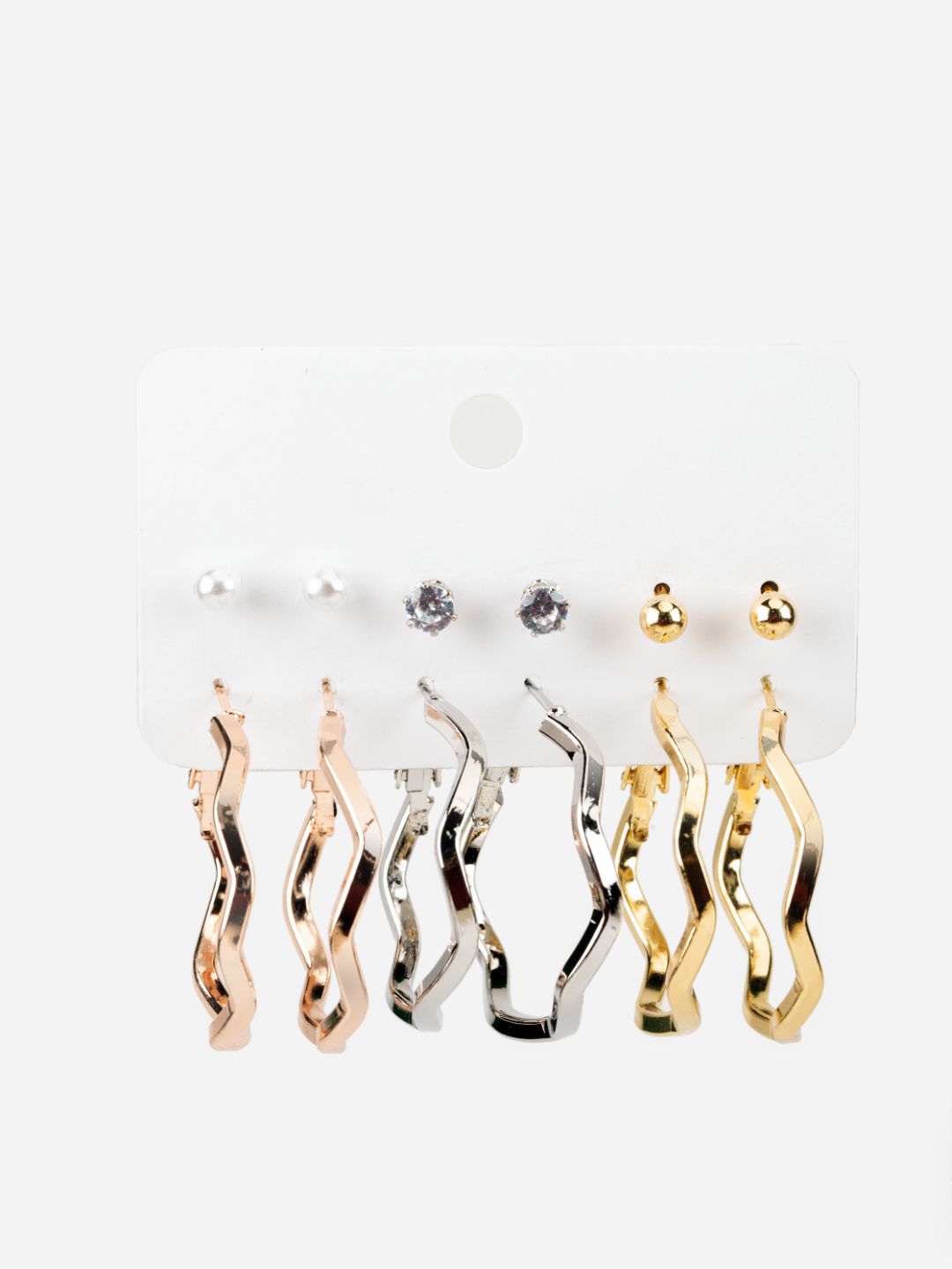 Solitaire Pearl Stud and Wave Hoop Earrings Set of 6