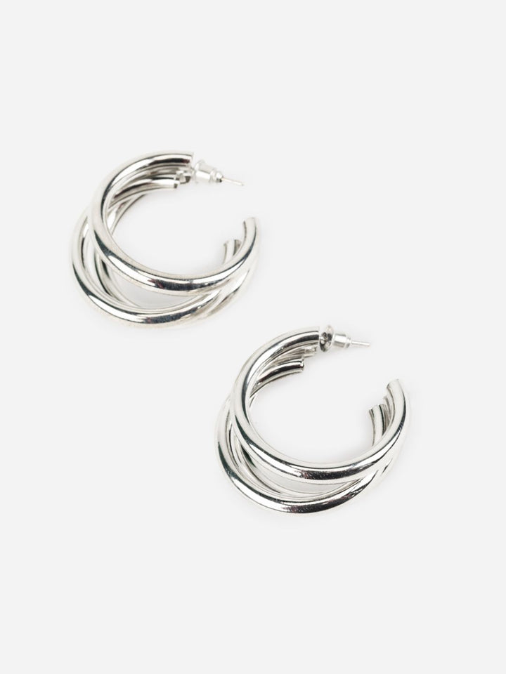 Elegant Tri-Striped Silver-Plated Half-Hoop Earrings