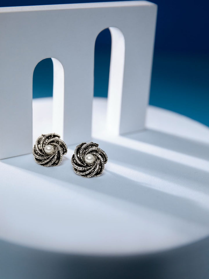 Pearl Studded Silver-Plated Twirl Flower Stud Earrings
