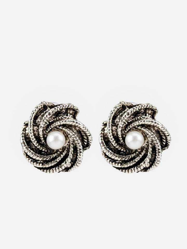 Pearl Studded Silver-Plated Twirl Flower Stud Earrings