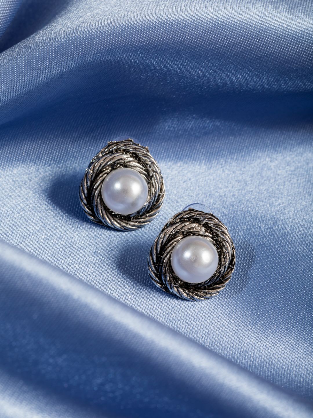 Floral Bud White Pearl Silver-Plated Stud Earrings