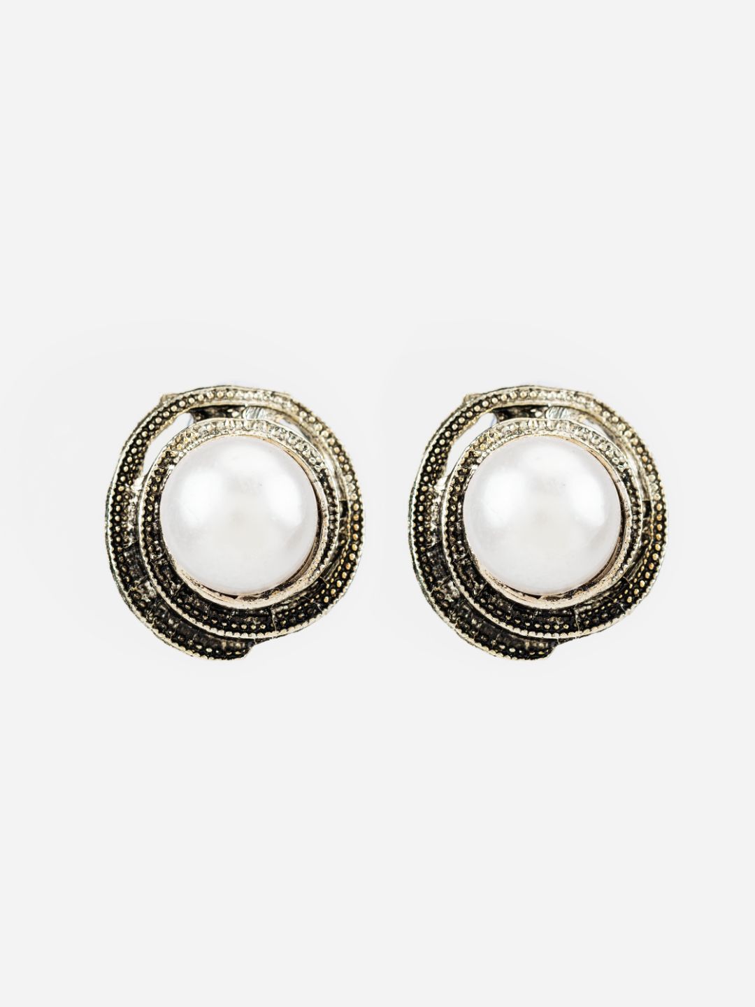 Embossed Floral Pearl Silver-Plated Stud Earrings