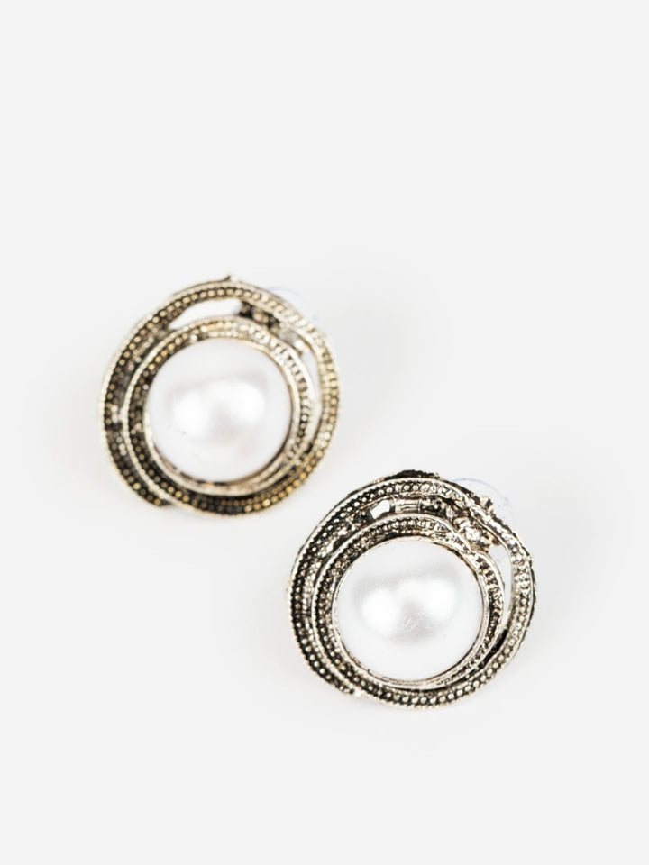 Embossed Floral Pearl Silver-Plated Stud Earrings