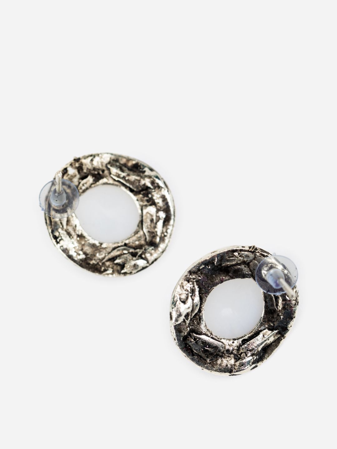 Round Embossed Pearl Studded Silver-Plated Earrings