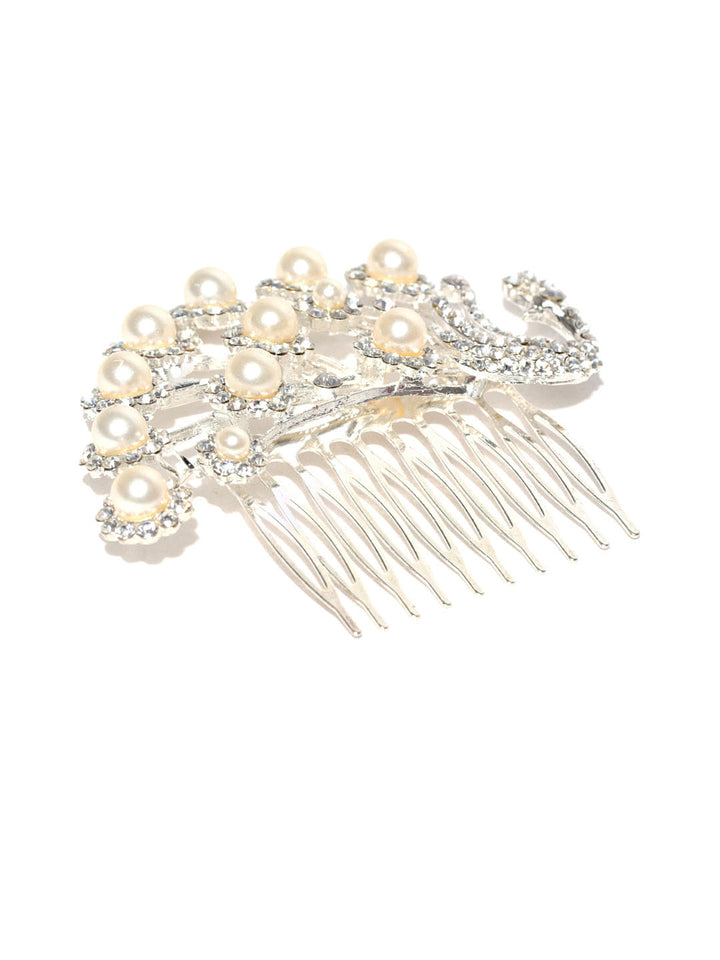 Peacock Silver Plated Pearl Hair Clip For Girls & Women