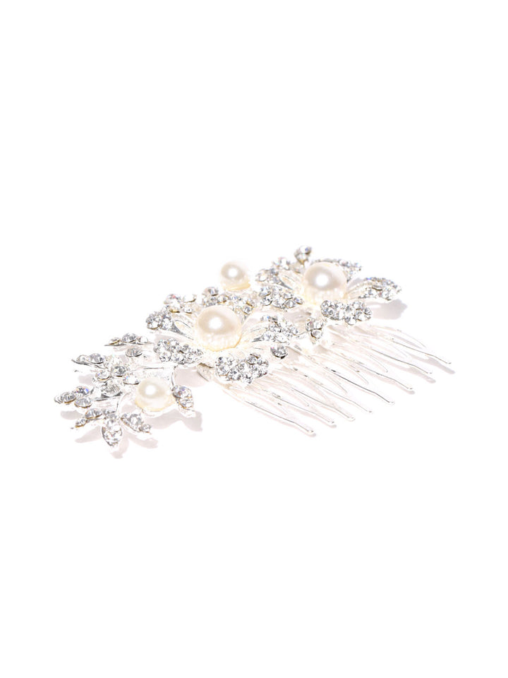 Party Wear Silver Floral Funky Fashionable Stone Hair Clip For Girls & Women Hair Accessories
