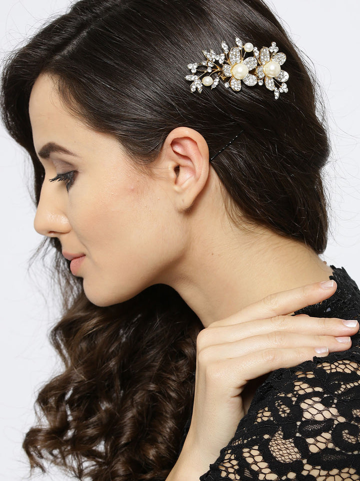 Party Wear Golden Floral Funky Fashionable Stone Hair Clip For Girls & Women Hair Accessories