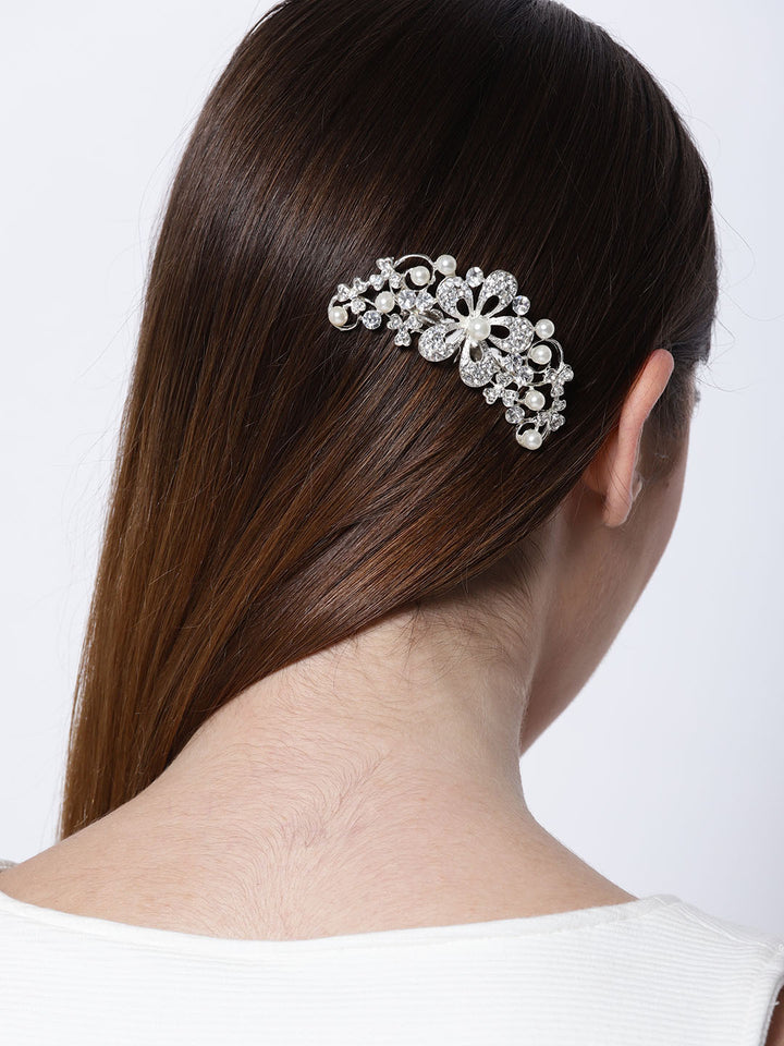 Party Wear Sliver Floral Funky Fashionable Stone Hair Clip For Girls & Women Hair Accessories