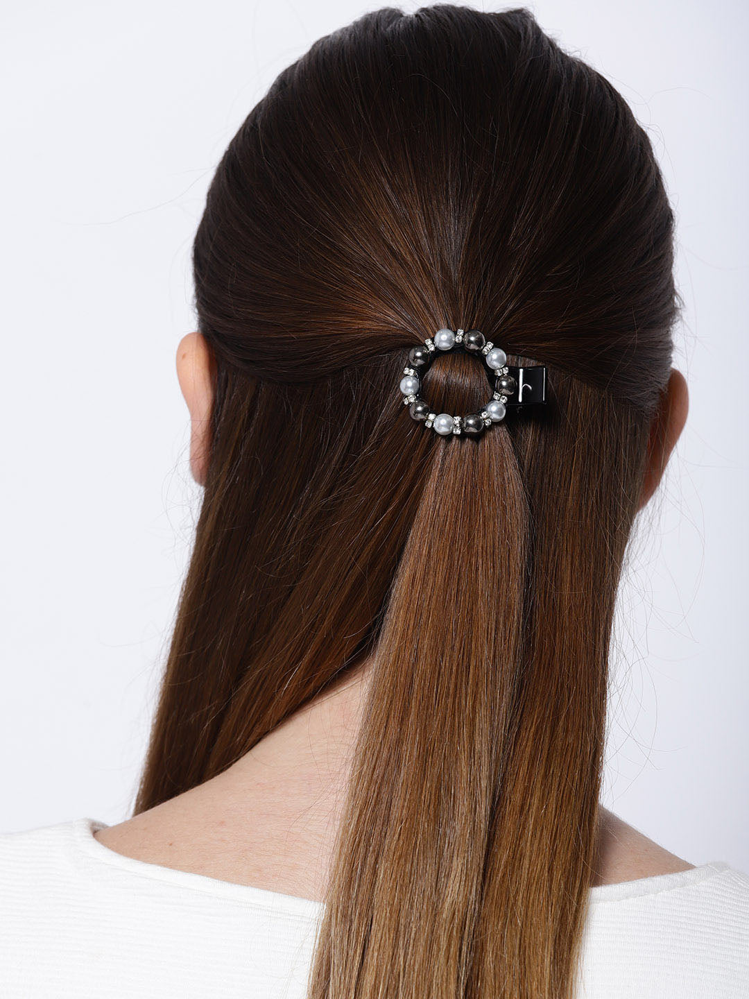 Pearls Embellished Alligator Hair Clip in Black and White Color