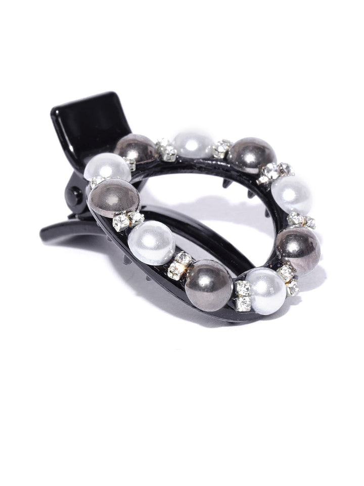 Pearls Embellished Alligator Hair Clip in Black and White Color