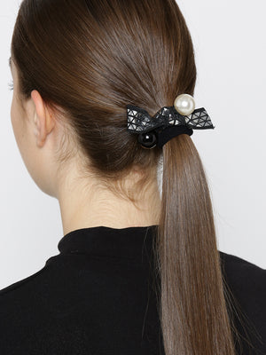 Designer Black And Silver Coloured With Pearls Rubber Band Style Ponytail Holder