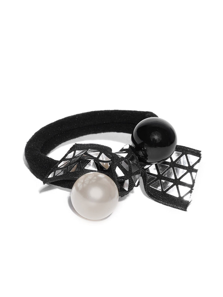 Designer Black And Silver Coloured With Pearls Rubber Band Style Ponytail Holder