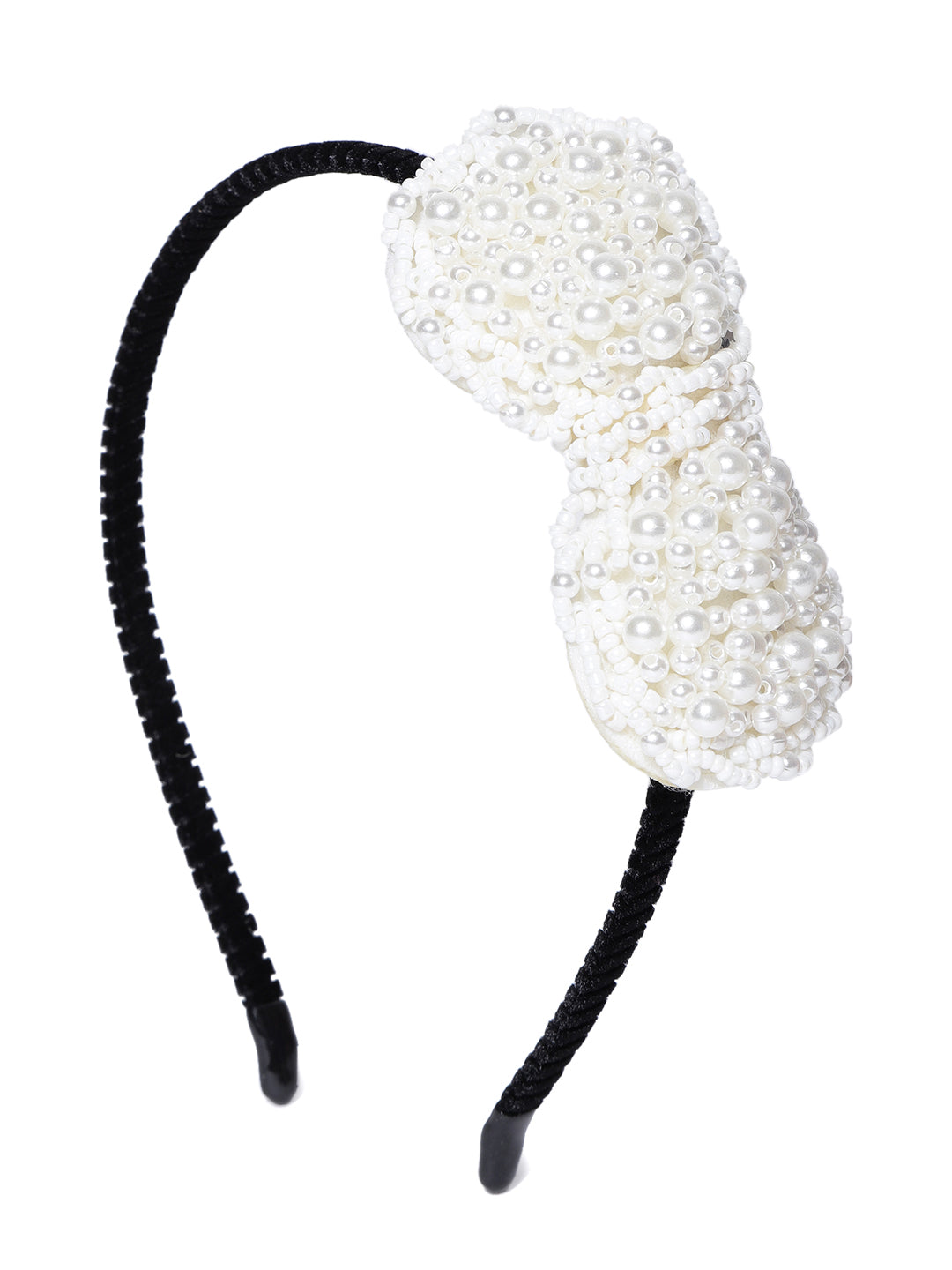 Designer Pearls And Beaded Black-Cream Colour Bow Shaped Hairband